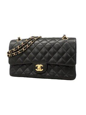 Chanel Shoulder Bag Quilted Caviar Leather Black Gold